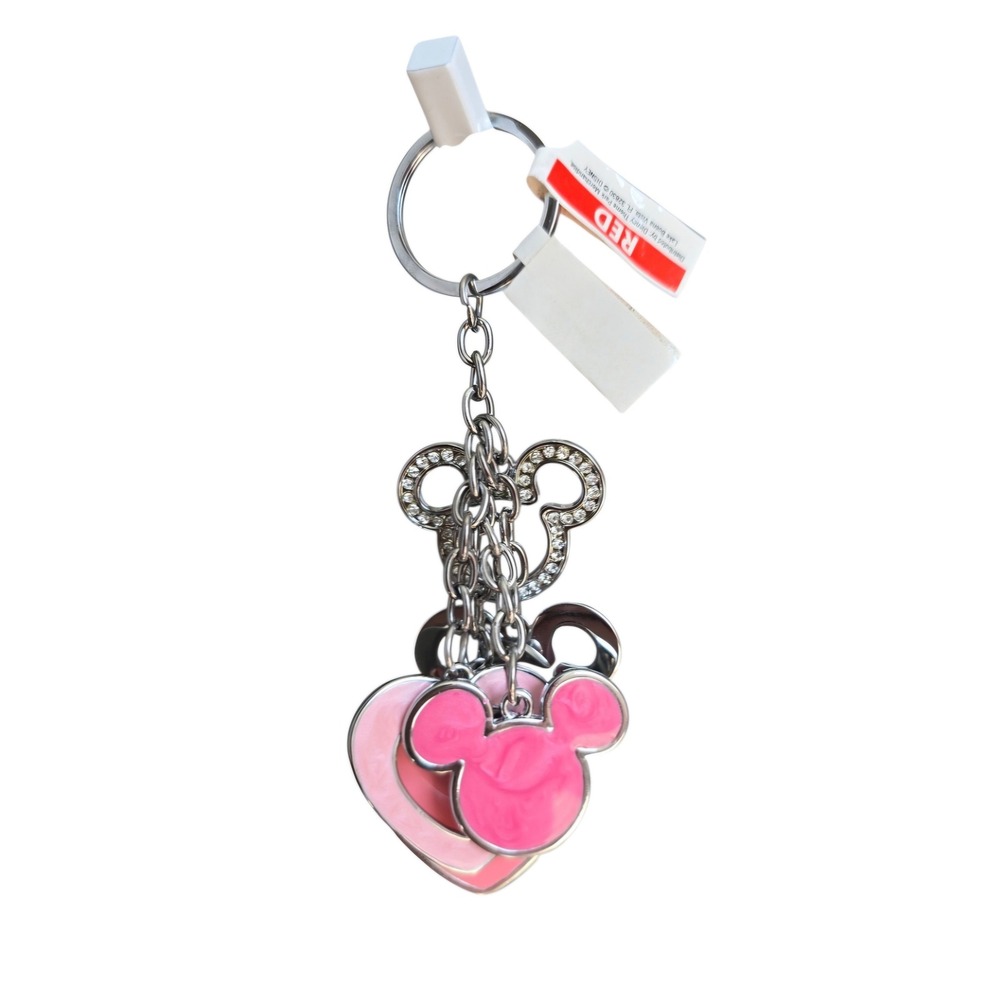 NWT Disney Parks Mickey Mouse Icon & Pink Hearts Charm Keychain Silver
